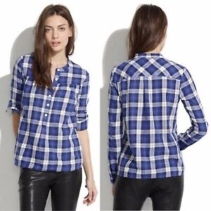 Madewell blue & white plaid half buttoned long sleeve shirt top blouseSz-S P16